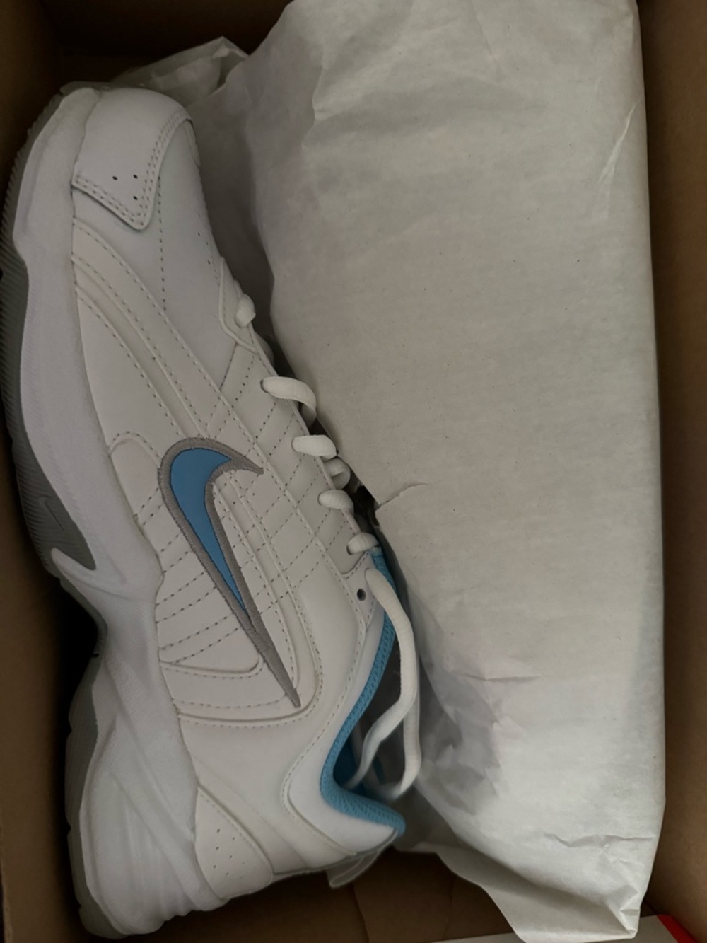 Nike White Low-Top Sneaker with Light Blue Swoosh